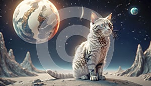 Lonely brave cat walks on the moon, space cat