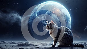 Lonely brave cat walks on the moon, space cat