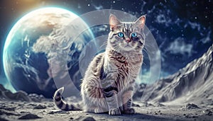 Lonely brave cat walks on the moon, space cat