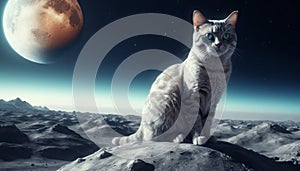 Lonely brave cat walks on the moon, space cat