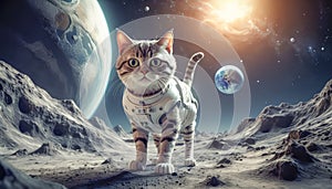 Lonely brave cat walks on the moon, space cat