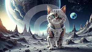 Lonely brave cat walks on the moon, space cat