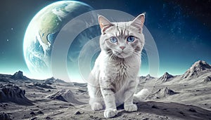 Lonely brave cat walks on the moon, space cat