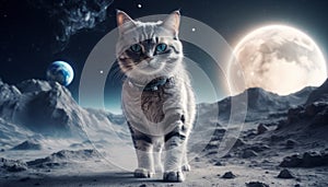 Lonely brave cat walks on the moon, space cat