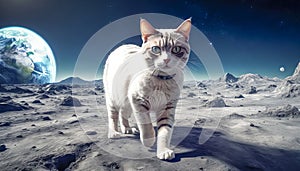 Lonely brave cat walks on the moon, space cat