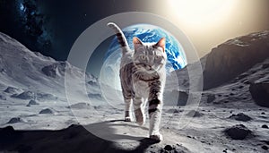 Lonely brave cat walks on the moon, space cat