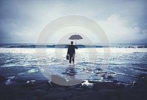 Lonely Businessman Alone Anxiety Beach Concept