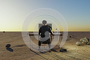 lonely businessman at pc work place in large desert environment remote work and digital nomad and climate crisis concept 3D