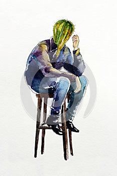 Lonely cactus man sad character concept watercolor illustration photo