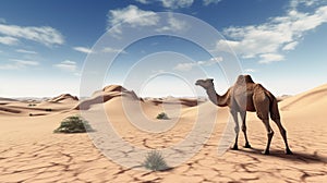 A lonely camel in the desert. Lone Camel in the Desert sand dune with blue sky. generative ai