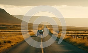 Lonely Car Is Going By Empty Highway Through The Desert