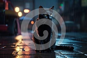 lonely Cat sit under rain on rainy street wet asphalt car traffic evening light big city houses