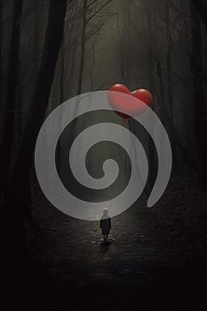 Lonely child on forest path, darkness, fog, creepy scenery. Big red heart as a balloon.