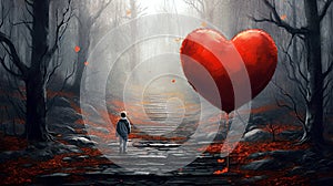 Lonely child on forest path, darkness, fog, creepy scenery. Big red heart as a balloon.