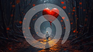 Lonely child on forest path, darkness, fog, creepy scenery. Big red heart as a balloon.