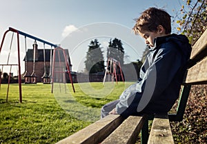 Lonely child sitting on play park playground bench