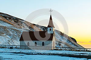 Lonely church building in Iceland at sunrise