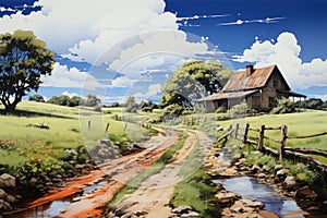 Lonely country house in a meadow by a dirt road. Illustration of a rural scene