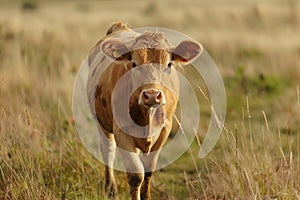 Lonely cow on a pasture on a walk