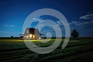 Lonely cozy house on the prairie, in an open area in the summer, night time