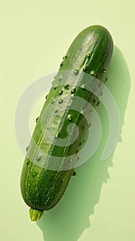 Lonely cucumber elegantly displayed on soft pastel green backdrop