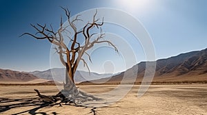 lonely dead tree in a desert area against the backdrop of mountains and a blue sky. Drought concept