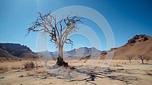 lonely dead tree in a desert area against the backdrop of mountains and a blue sky. Drought concept