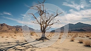 lonely dead tree in a desert area against the backdrop of mountains and a blue sky. Drought concept