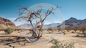 lonely dead tree in a desert area against the backdrop of mountains and a blue sky. Drought concept