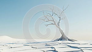 Lonely Dead Tree In Drought-Cracked Desert Landscape