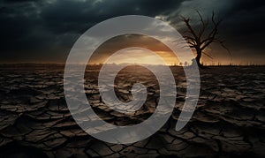 Lonely dead tree under dramatic cloudy sky at drought cracked desert landscape