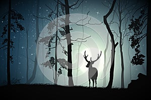 Lonely deer in misty forest. Animal silhouette. Tree in fog. Full moon