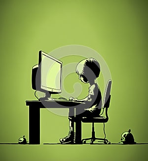 Lonely depressed Kid sitting alone in front of the Computer, Generative AI