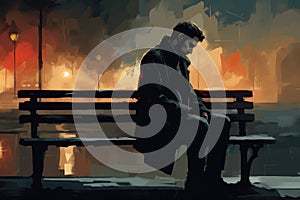 lonely depressed man sit on bench AI generated
