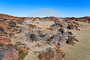 A lonely desert area with rocks of different sizes and sand