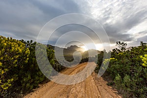 Lonely dirt road leading into a mountain range at sunset