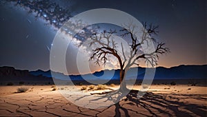 A lonely, dry tree in the desert against the background of the night sky and mountains