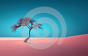 Lonely dry tree growing in the pink sand desert.