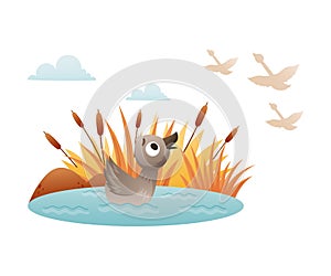 Lonely duckling swimming in the pond in autumn. Ugly duckling fairy tale cartoon vector illustration