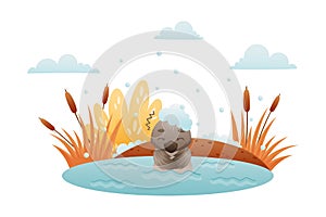 Lonely duckling swimming in the pond in winter. Ugly duckling fairy tale cartoon vector illustration