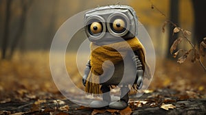Lonely Educational Robot Wandering In Autumn Forest photo