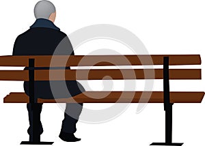 Lonely elderly person with the stick sitting on it wooden bench photo