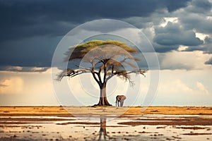Lonely elephant near tree in surreal nature landscape, expressing poignant concept of isolation photo