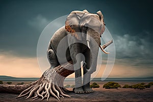 Lonely elephant sitting on a tree branch. Generative AI