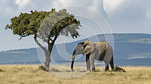 Lonely elephant on tree in surreal landscape. Generative Ai