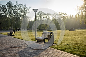 Lonely empty bench in summer city park