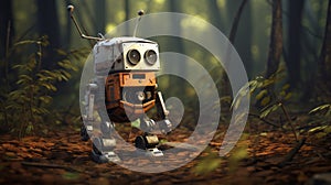 Lonely Exploration Robot In Orange Outfit Standing In Woods