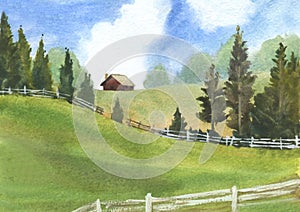 Lonely farmhouse on hill carpathian landscape with spruce trees, watercolor hand drawn illustration