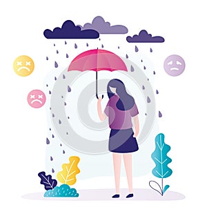 Lonely female character standing in heavy rain. Woman experiences different negative emotions, stress. Upset girl suffering from