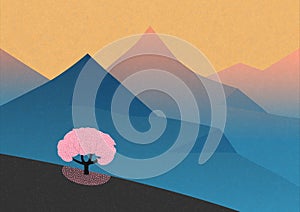Lonely flowering pink tree in mountains. Abstract morning landscape